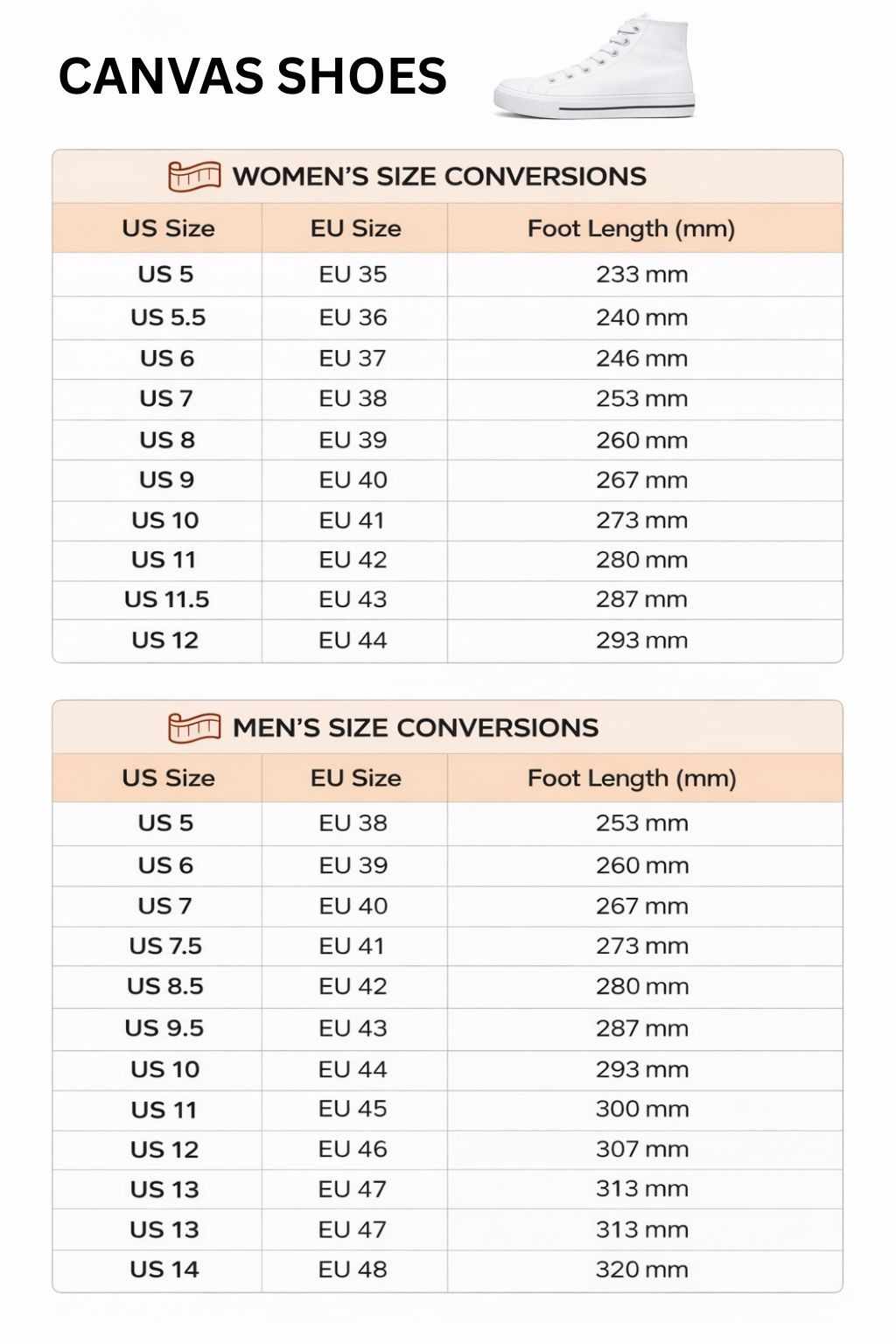 High Top Canvas Shoes Size Chart - Sailor Moon EU Store
