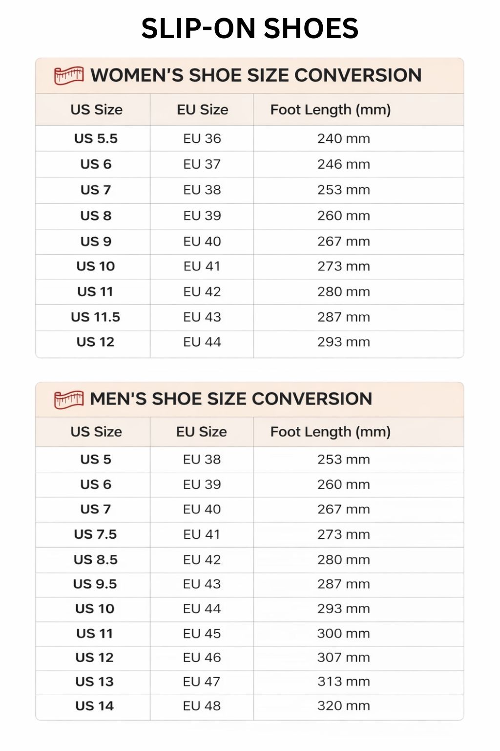 Product size chart